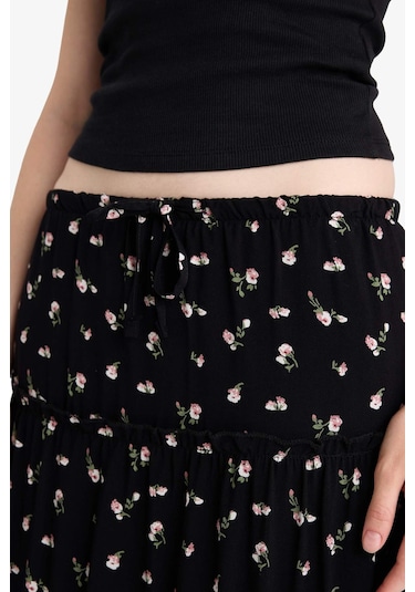 Defacto Çiçek Desenli Yüksek Bel Pamuk Astarlı Maxi Etek F9460ax25hsbk27 Siyah