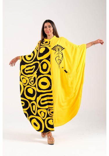 Kadın Sarı Sıfır Yaka Desen Garnili Nakışlı Cepli Oversize Uzun Elbise - Sarı