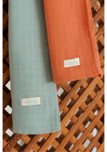 2'li Organik Pamuk Müslin Örtü Seti Nil ,tarçın 2 Adet 75x85 CM Turuncu - Açık Yeşil