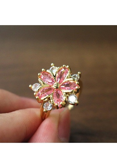 Altın - Pembe Zarif Moda Prenses Alyans Gelin Takı İçin Romantik Çiçeği Pembe Taş Bayan Yüzükler 10 Altın - Pembe