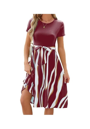 Novahub Yaz Kadın Bağcıklı Bel Çizgili Baskılı Midi Elbise, Düz Yuvarlak Yaka, Kısa Kollu, İnce A Kesim, Lacivert, Evet, Soğuk Su Yıkama Lacivert