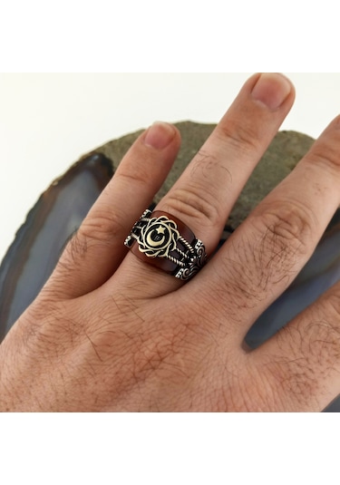 Fkgümüş Akik Taşlı Ay Yıldız Erkek Yüzük