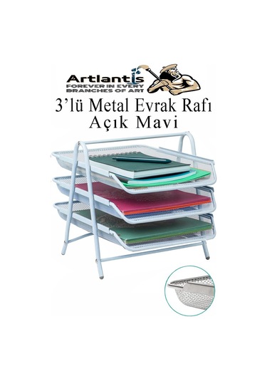Evrak Rafı Metal 3 Lü Mavi 1 Paket Masaüstü A4 Dosya Düzenleyici Kağıt Tepsisi Metal Çelik Fileli Dört Katlı Hareketli Açık Mavi