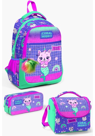Coral High Kids Su Yeşili Lavanta Unicorn Kedi Desenli Okul Çanta Seti Set0123478