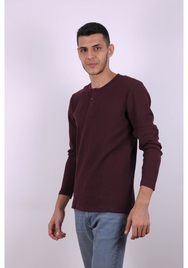 Trender Düğmeli Waffle Bordo Erkek Sweatshirt 5070 Bordo