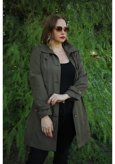 1671 Kolu Düğme Detaylı Uzun Kapişonlu Haki Büyük Beden Kadın Ceket Haki