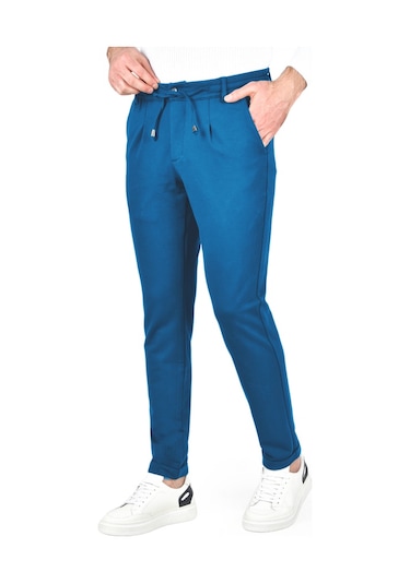 Deepsea Erkek Mavi Beli Lastikli Slim Fit Likralı Duble Paça Penye Spor Pantolon 2502385 Mavi