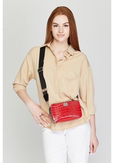Morpelikan Kırmızı Kroko İki Bölmeli Kadın Omuz Çantası Kırmızı