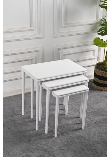 Mdf Ahşap Kaplama Ceviz Çift Kalınlık Eko Düz Ayaklı Cilalı 3'lü Zigon Sehpa Takımı - El Işçiliği - Beyaz-beyaz