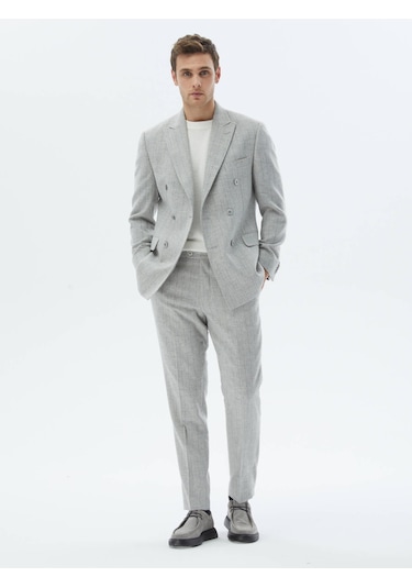 Kip Açık Gri Çizgili Modern Fit Yün Karışımlı Takım Elbise Çok Renkli