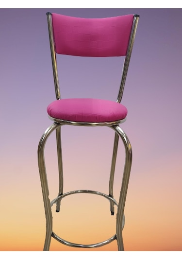 Bengimobilya Sandalye Bar Tipi Yüksek Model Pembe Fuşya 4 Adet Metal Çelik Nik