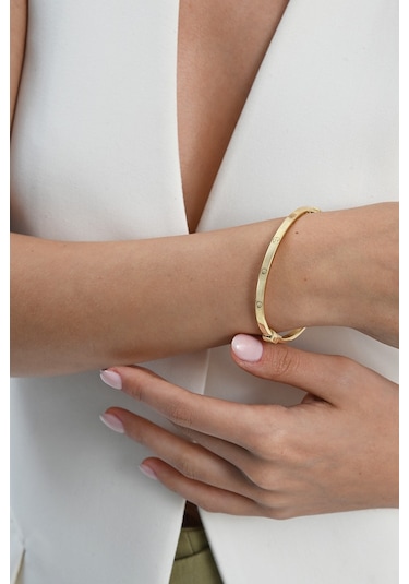925 Ayar Gümüş Altın Yaldızlı Çivi Deseni Bilezik Barcode Rose Gold - Gümüş