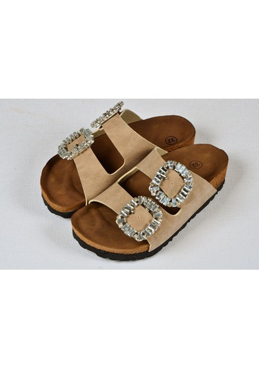 Kız Çocuk Mantar Tabanlı Çift Tokalı Ortopedik Birkeen Arizona Taşlı Terlik Bej