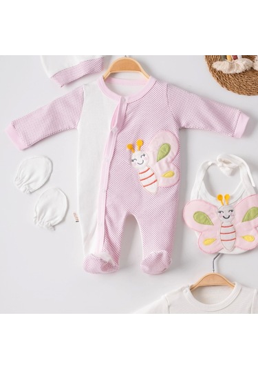Candar 3 Ay Kelebek Nakış Puanlı Tulumlu Kız Bebek 5'li Set Pembe Pembe