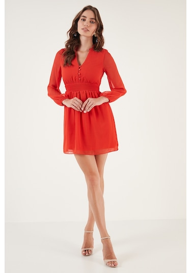 Lela V Yaka Regular Fit Gipeli Düğme Detaylı Şifon Mini Bayan Elbise 611El01433 Orange