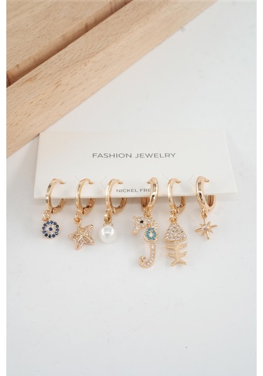 Kadın Vip Seri Özel Tasarım Baget Zirkon Taşlı 6'lı Küpe Seti 01003 Çok Renkli