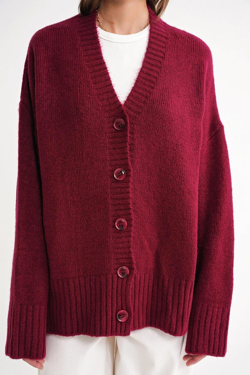Mixray 6927 Kadın Yumuşak Dokulu Salaş Basic Triko Hırka Bordo