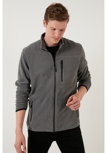 Buratti Slim Fit Fermuarlı Cepli Dik Yaka Polar Erkek Hırka 5906028 Gri