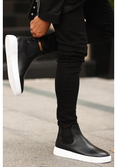 Shoetyle - Siyah Hakiki Deri Erkek Chelsea Bot - Beyaz Taban - 250-041 -1164 Siyah