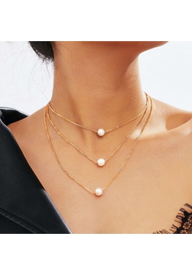 Altın Renk Üç Katmanlı Üç Incili Kolye Altın