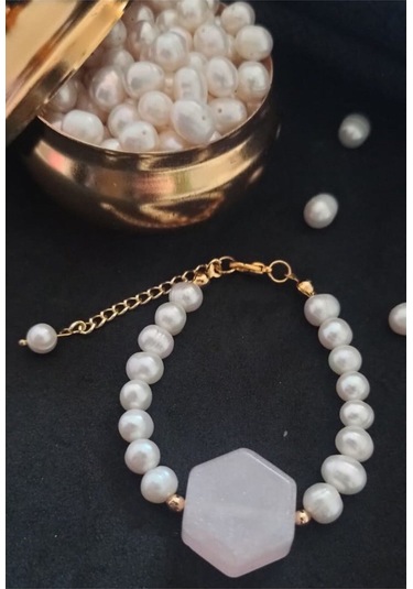 24k Altın Kaplama Gerçek İnci Sedefli Pembe Akrilik Detaylı Bilek Gold