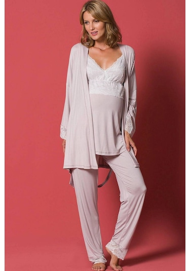 Monamise 18196 Hamile Lohusa Sabahlıklı Pijama Takım - Vizon