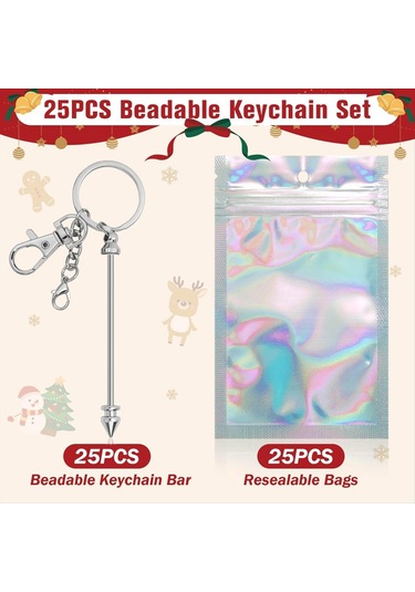 Gatherco 25 Parça Boncuklu Anahtarlık Bar Seti, Kendin Yap İçin Yeniden Kapatılabilir Hediye Çantasıyla Birlikte Gümüş Boncuklu Anahtarlık, Kolye Anahtarlık Yapımı İçin