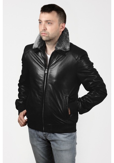 Derije Kelvin Hakiki Jumbo Deri Erkek Siyah Seyyar Kürk Yaka Mont Siyah