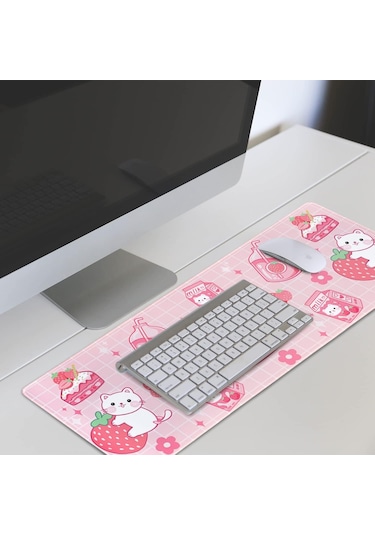 Masa İçin Kawaii Oyuncu Mouse Pad'i, Büyük Kedi Çilekli Süt Mouse Pad'i, Pembe Mouse Pad Xl, Sevimli Anime Mouse Pad'i