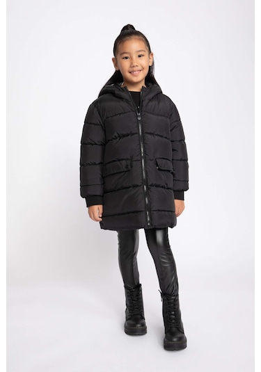 Defacto Kız Çocuk Su İtici Kapüşonlu Şişme Mont A2528A823AUBK27 Siyah