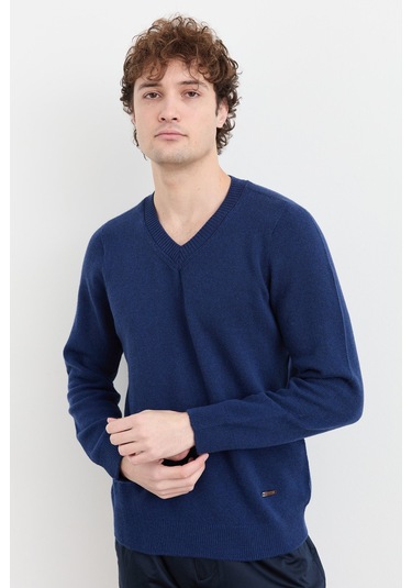 Erkek V Yaka Basic Yün Kazak İndigo İndigo