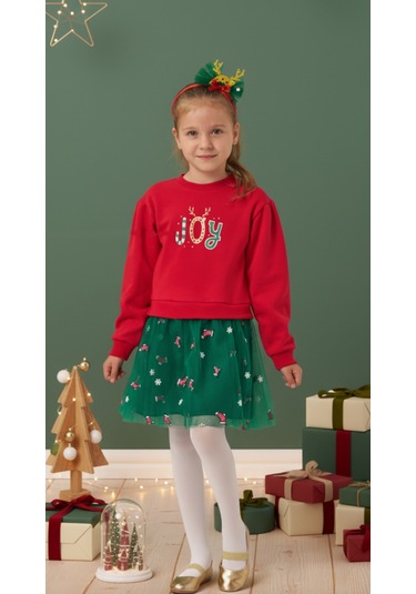 Kız Çocuk Joy Baskılı Tüllü Yıllbaşı Elbisesi Nbk-24908 Kırmızı