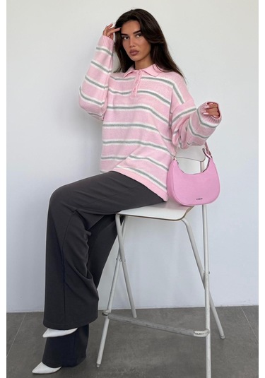 Pembe Polo Yaka Çizgili Kadın Triko Kazak Mg2469 Pembe