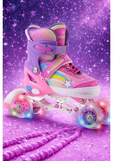 Yıldız Gökkuşağı Işıklı Kız Çocuk Pateni Kask Ve Dizlik Seti Silikon Teker Ayarlanabilir Taşıma Pembe