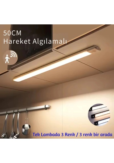 Shopytech 50 Cm Manyetik Şarjlı Led Dolap/tezgâh Altı Lamba Hareket Sensörlü 3 Renk Kısılabilir Usb Çok Renkli