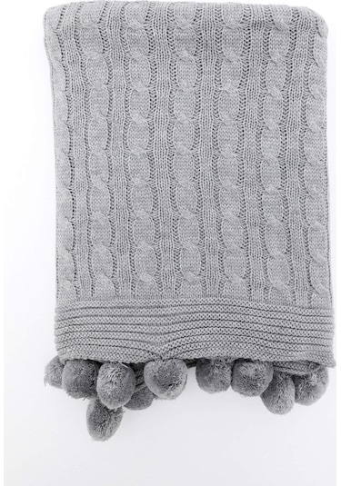 Biocotton Triko Ponponlu Örgü Tv Battaniyesi - Gri
