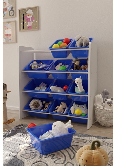 12 Sepetli Çok Amaçlı Oyuncak Dolabı Montessori Dolap Mavi