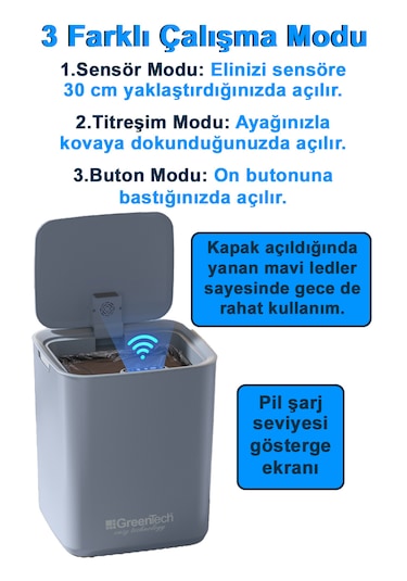 Greentech Sensörlü Şarjlı 22 Litre Çöp Kovası Şarj Edilebilir Lityum Pilli / Gt-sc05k Krem