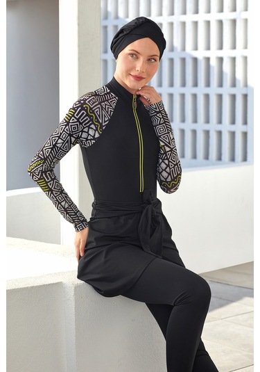 3 Farklı Şekilde Giyilebilir Likralı Etekli Tesettür Mayo 1112 Siyah03 Siyah03