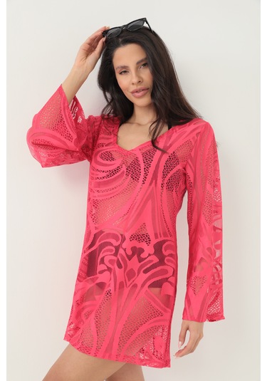 Kolları Volanlı Elbise Fuşya