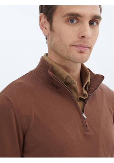 Kip Kahverengi Yarım Balıkçı Yaka Desenli Pamuk Karışımlı Triko Çok Renkli