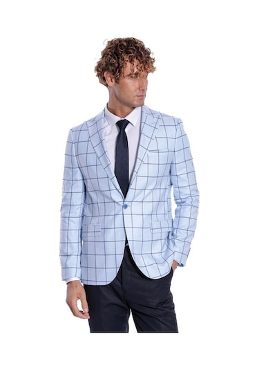 Kare Desenli Slim Fit Açık Mavi Erkek Ceket 001