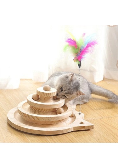 Ahşap Kedi Oyuncağı 3 Katlı Toplu Zeka Oyuncağı & Tüylü Olta Seti