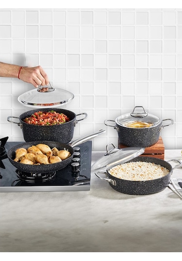 Falez Black Line 7 Parça Granit Tencere Seti Siyah