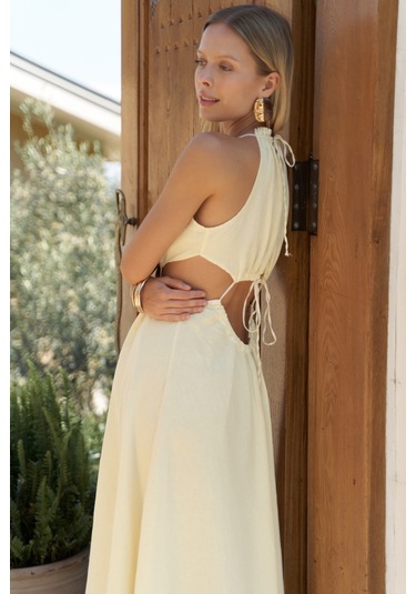 Bunina Bağcıklı Boncuk Detay Sarı Uzun Elbise sarı