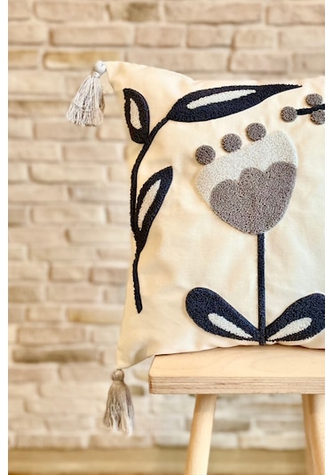 Swita Home Punch İşlemeli Tekli Dekoratif Özel Tasarım Kırlent Kılıfı Panç Beyaz - Lacivert