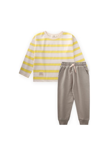 Çizgili Uzun Kollu T-shırt Takım 2-12 Yaş Bej Sarı Çizgili Bej