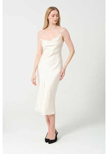Degaje Döküm Saten Midi Elbise KREm Krem