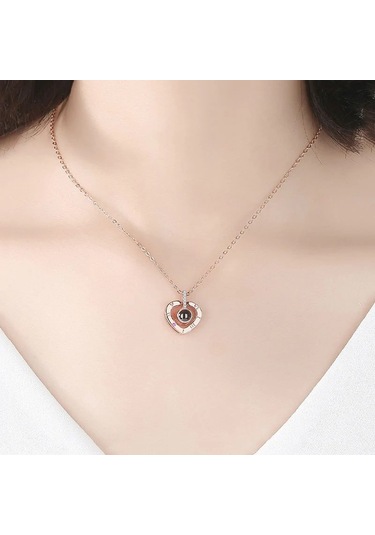 100 Dilde Seni Seviyorum Gold Kalp Projeksiyon Kolye