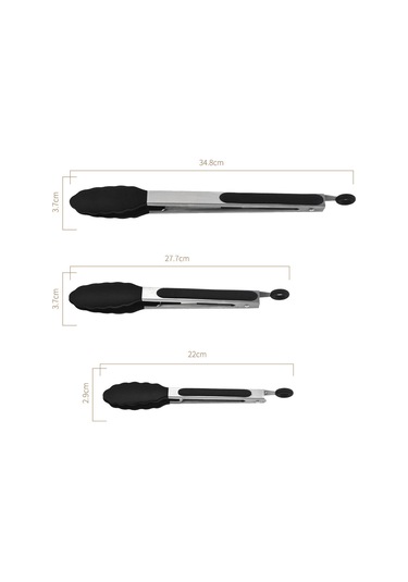 Isıya Dayanıklı Mutfak Maşası Üçlü Set, Paslanmaz Çelik, Pişirme Ve Izgara İçin Uygundur Siyah